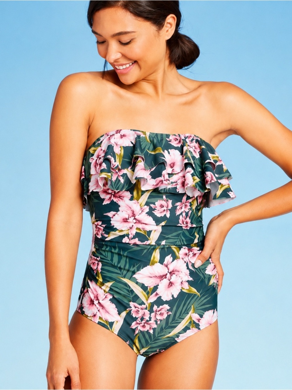 Plus Size Floral Bandeau One Piece Swimsuit 20W Ruffle Tummy Control Tropical